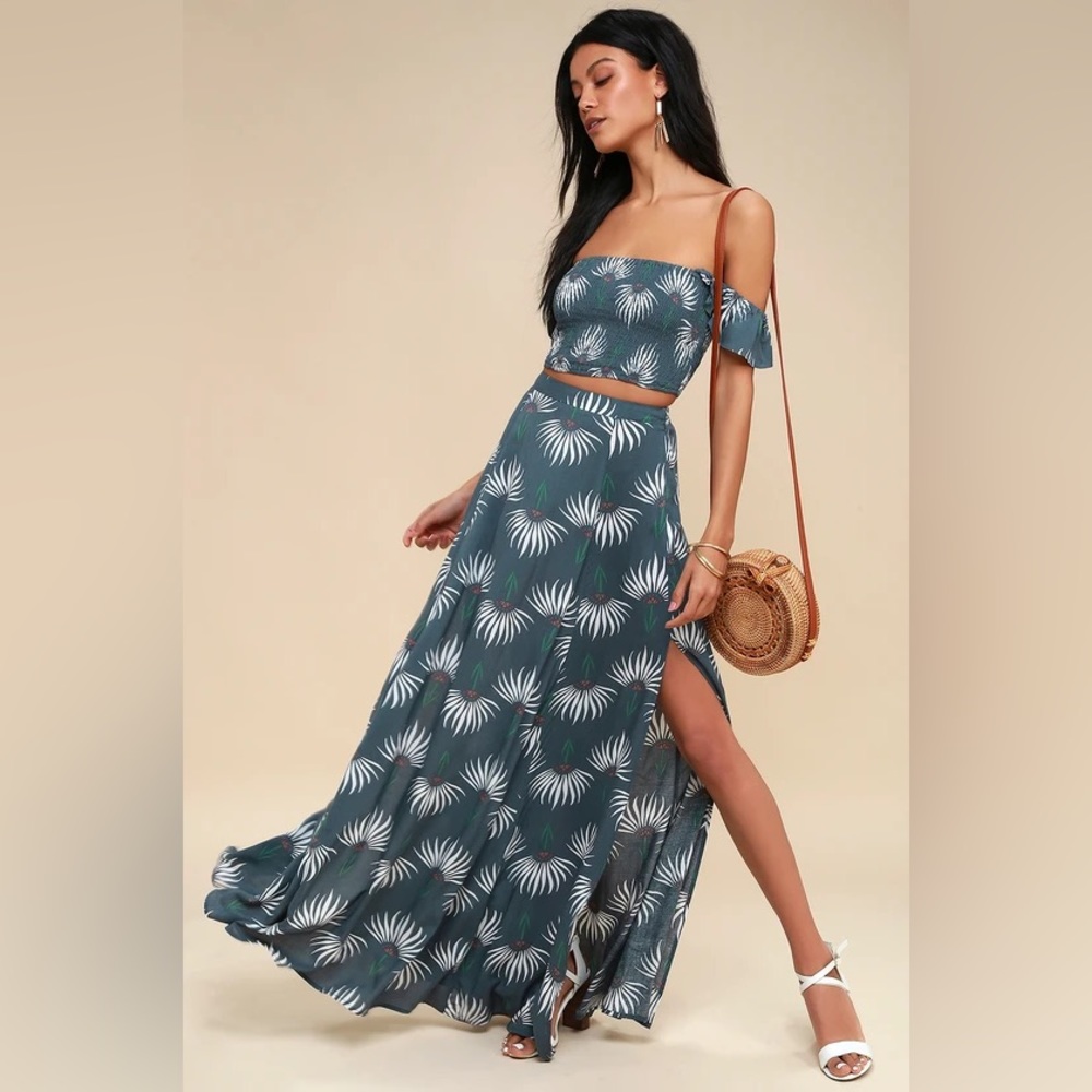 Trancoso Dusty Blue Floral Print Two-Piece Maxi Dress